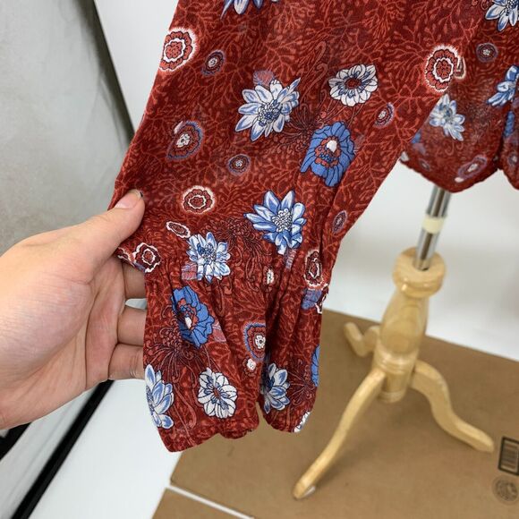 Lucky Brand Blouse Women M Rust Multi Floral Shirred Shoulder V Neck Long Sleeve - Picture 5 of 13